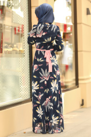 Nayla Collection - Desenli Lacivert Tesettür Elbise 81524L - Thumbnail