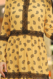 Nayla Collection - Desenli Sarı Tesettür Elbise 100435SR - Thumbnail