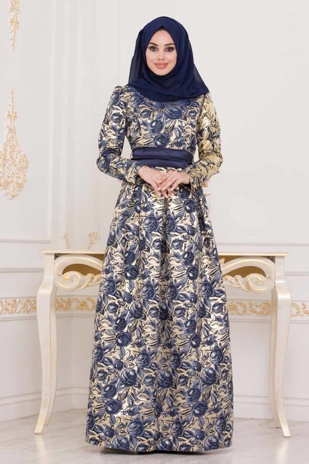 Nayla Collection - Desenli Sax Mavisi Jakarlı Tesettür Abiye Elbise 82453SX