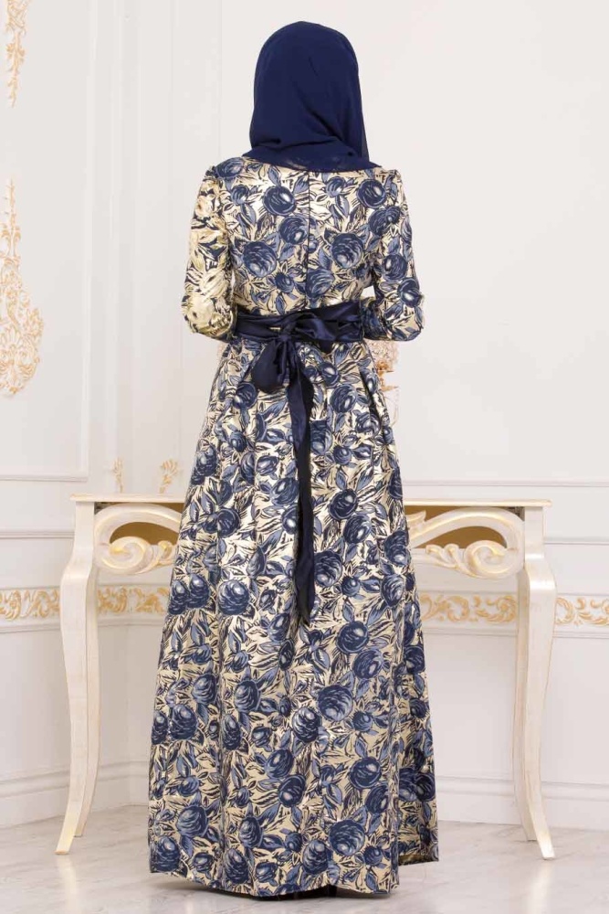 Nayla Collection - Desenli Sax Mavisi Jakarlı Tesettür Abiye Elbise 82453SX - 2