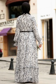 Nayla Collection - Desenli Şifon Ekru Tesettür Elbise 1232E - Thumbnail