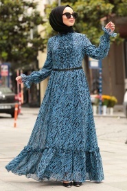 Nayla Collection - Desenli Şifon İndigo Mavisi Tesettür Elbise 1232IM - Thumbnail