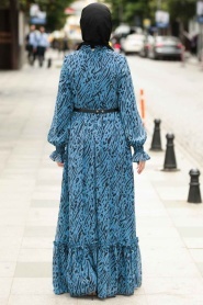 Nayla Collection - Desenli Şifon İndigo Mavisi Tesettür Elbise 1232IM - Thumbnail