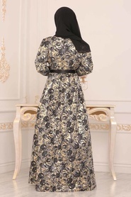 Nayla Collection - Desenli Siyah Jakarlı Tesettür Abiye Elbise 82453S - Thumbnail