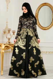 Nayla Collection - Desenli Siyah Jakarlı Tesettür Abiye Elbise 82456S - Thumbnail