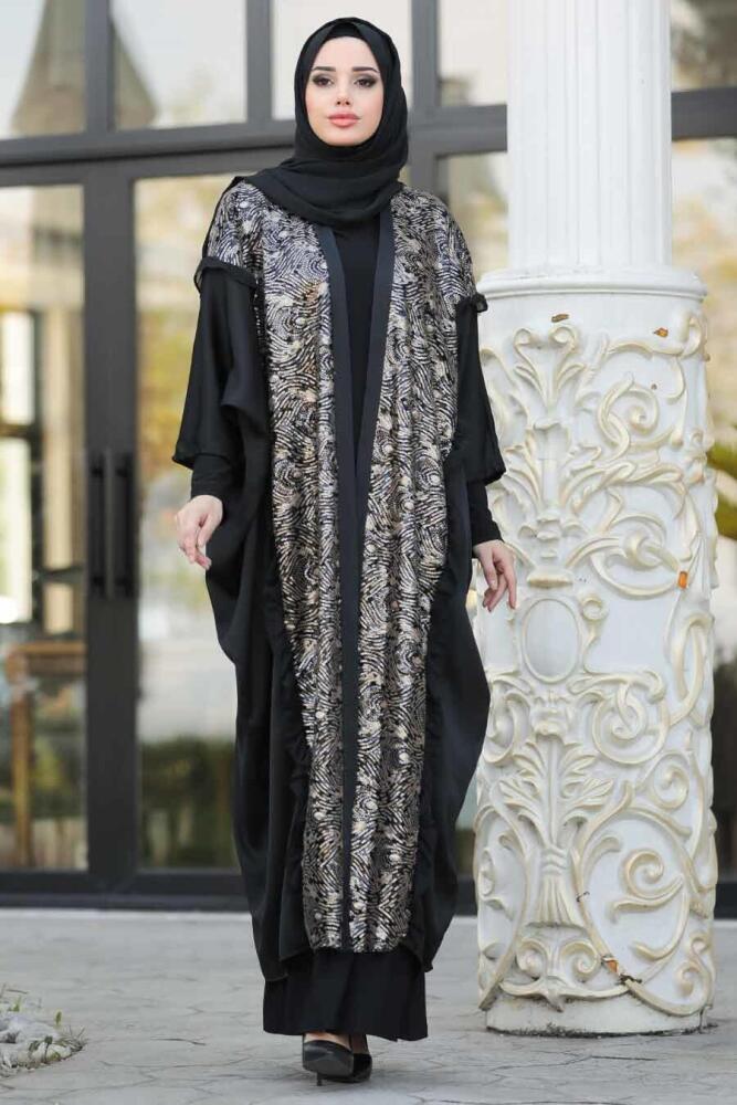 Nayla Collection - Desenli Siyah Tesettür Abaya 8958S - 1