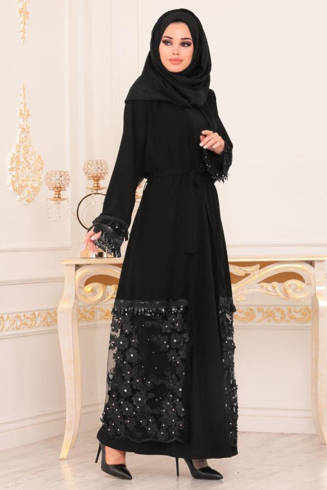 Nayla Collection - Desenli Siyah Tesettür Abaya 9021S - 1