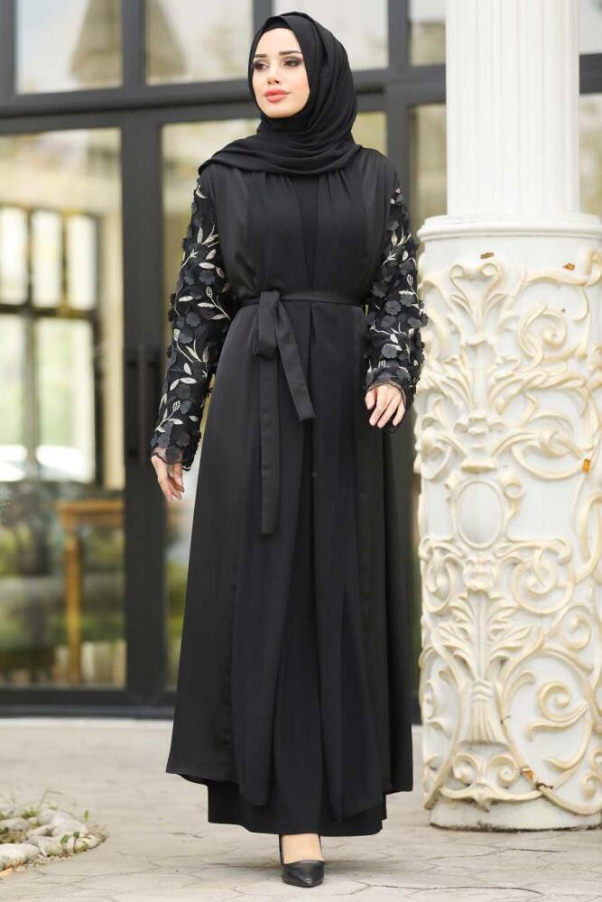 Nayla Collection - Desenli Siyah Tesettür Abaya 9037S - 1
