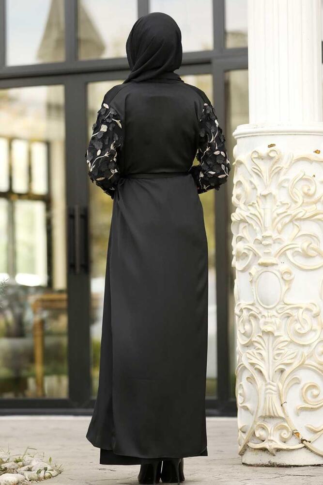 Nayla Collection - Desenli Siyah Tesettür Abaya 9037S - 2