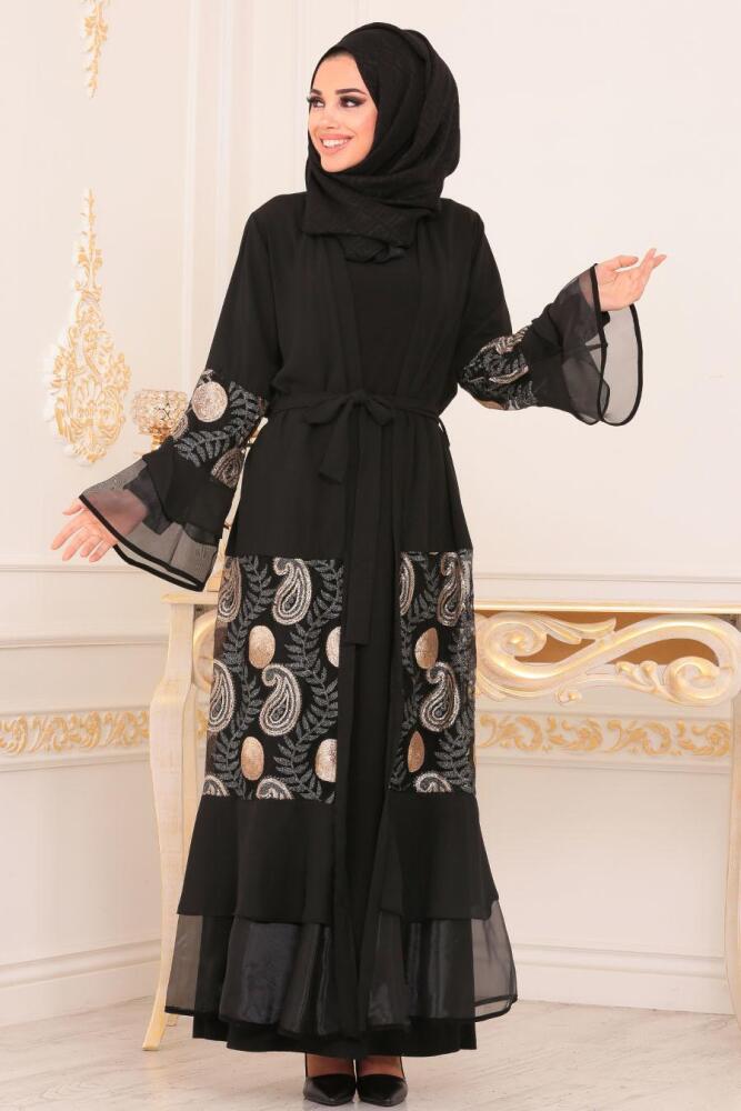 Nayla Collection - Desenli Siyah Tesettür Abaya 9044S - 1