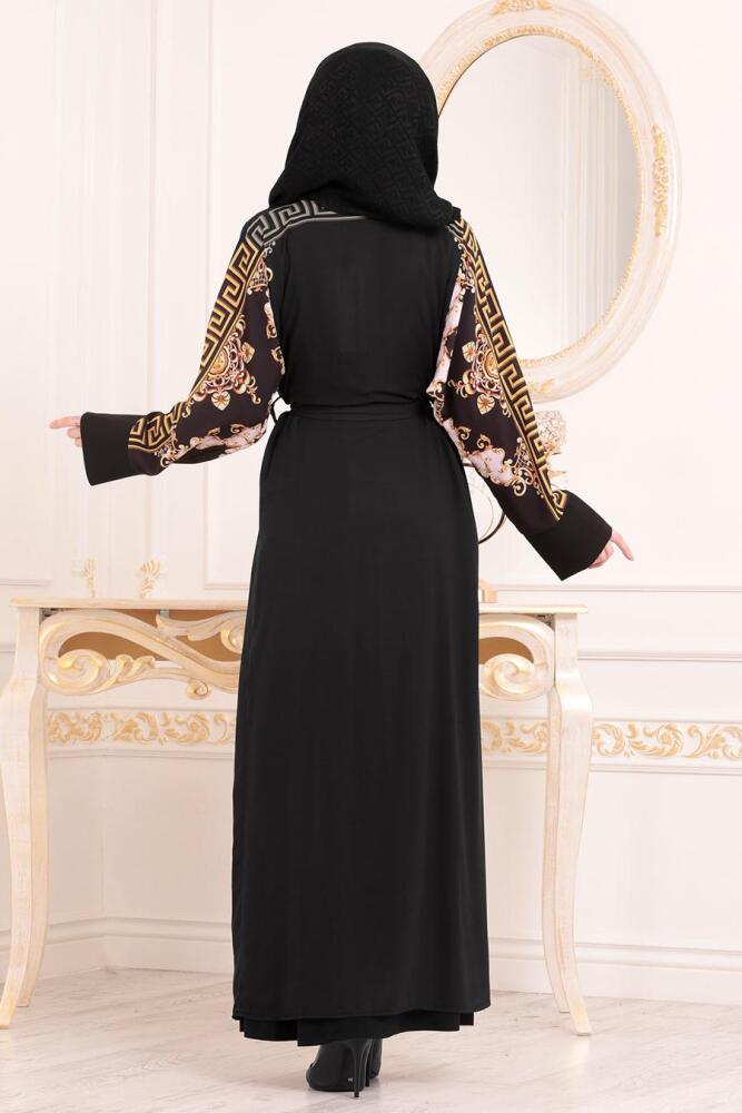 Nayla Collection - Desenli Siyah Tesettür Abaya 9563S - 3