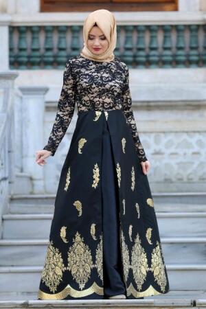 Nayla Collection - Desenli Siyah Tesettür Abiye Elbise 82450S - 1