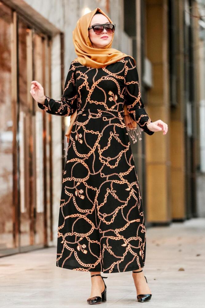 Nayla Collection - Desenli Siyah Tesettür Elbise 19230S - 1