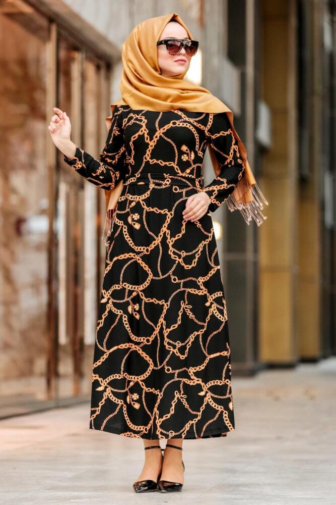 Nayla Collection - Desenli Siyah Tesettür Elbise 19230S - 2