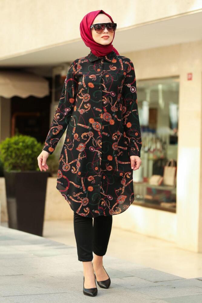 Nayla Collection - Desenli Siyah Tesettür Tunik 33550S - 1