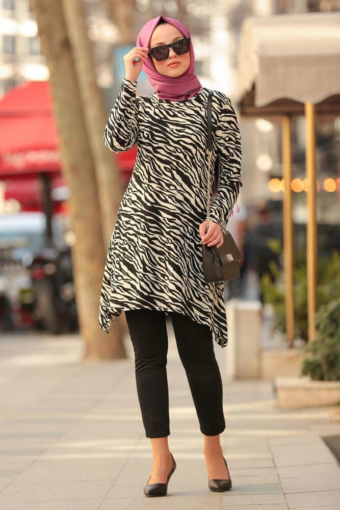 Nayla Collection - Desenli Siyah Tesettür Tunik 40453S - 1