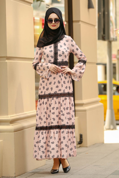 Nayla Collection - Desenli Somon Tesettür Elbise 100435SMN