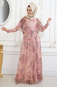 Nayla Collection - Desenli Somon Tesettür Elbise 8262SMN - Thumbnail