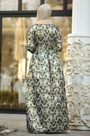 Nayla Collection - Desenli Yeşil Jakarlı Tesettür Abiye Elbise 82454Y - Thumbnail