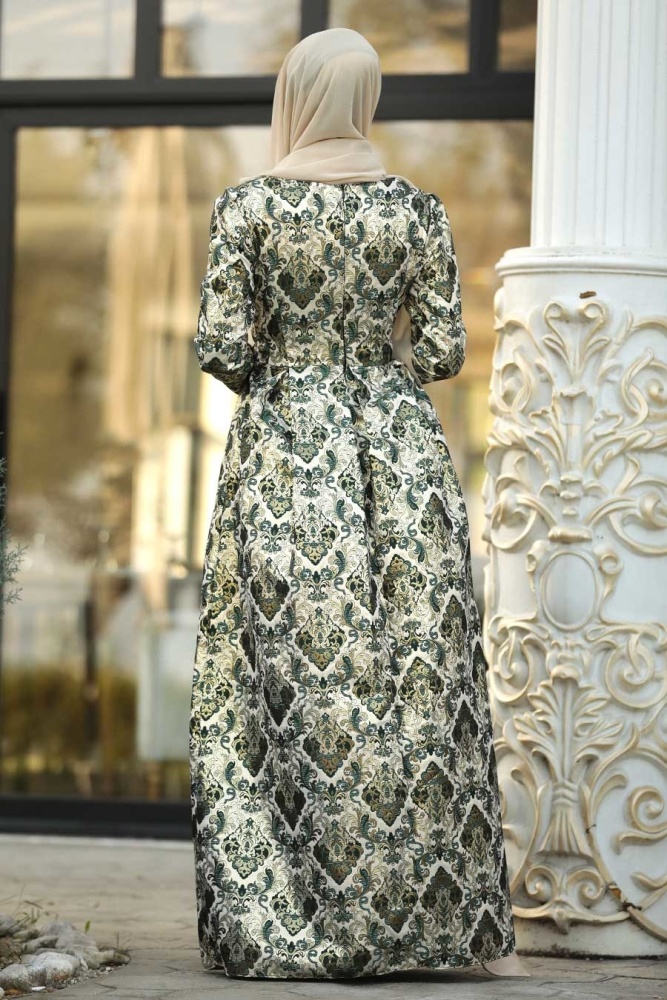 Nayla Collection - Desenli Yeşil Jakarlı Tesettür Abiye Elbise 82454Y - 2