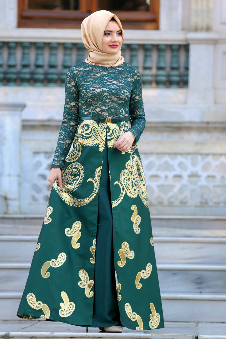 Nayla Collection - Desenli Yeşil Jakarlı Tesettür Abiye Elbise 82456Y