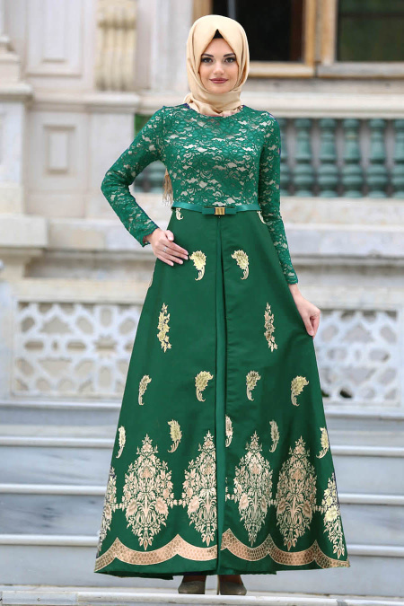 Nayla Collection - Desenli Yeşil Tesettür Abiye Elbise 82450Y