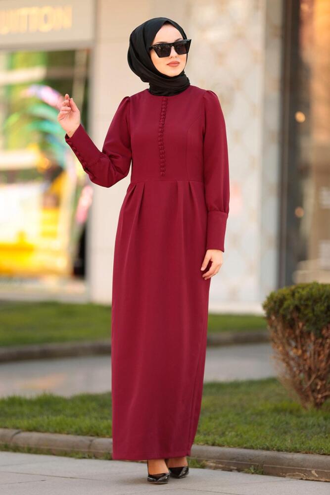 Nayla Collection - Düğme Detaylı Bordo Tesettür Elbise 3237BR - 1