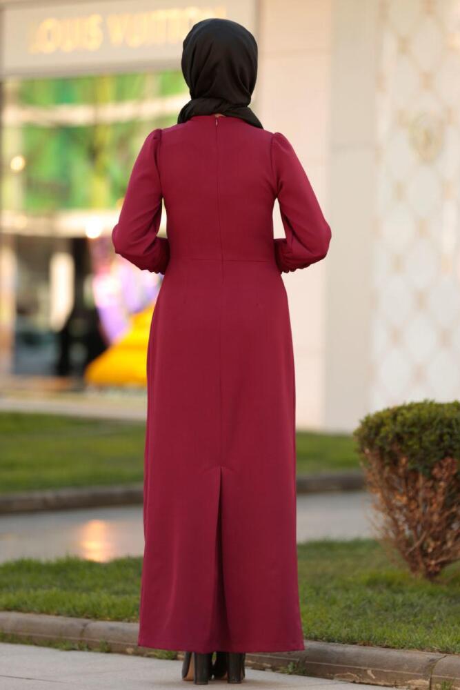 Nayla Collection - Düğme Detaylı Bordo Tesettür Elbise 3237BR - 2