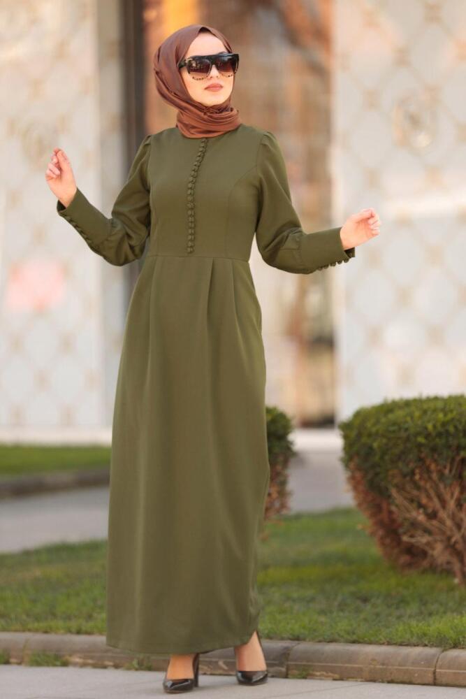 Nayla Collection - Düğme Detaylı Haki Tesettür Elbise 3237HK - 1
