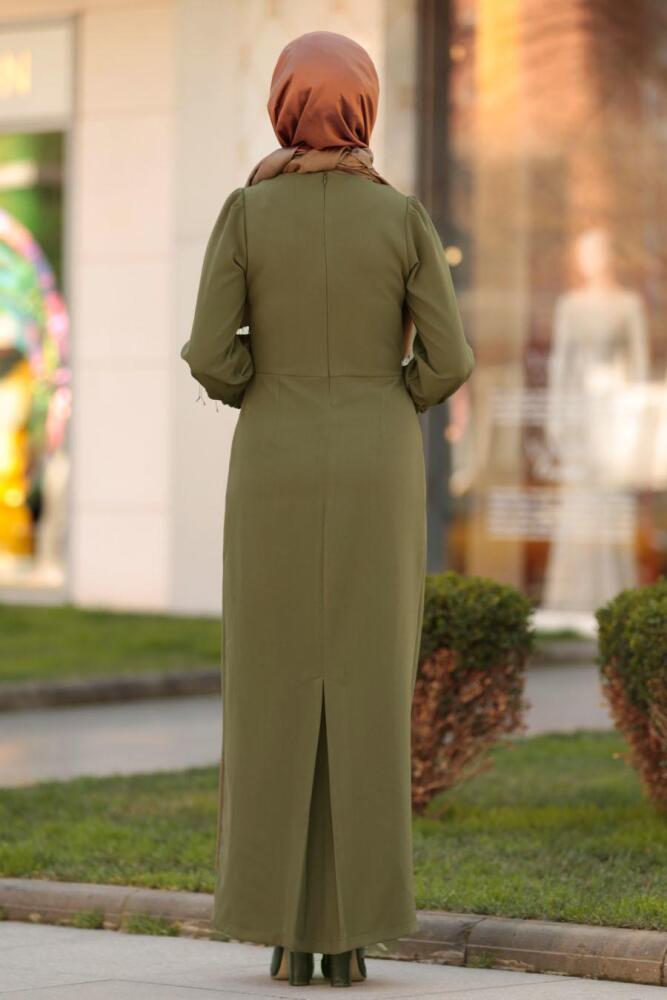 Nayla Collection - Düğme Detaylı Haki Tesettür Elbise 3237HK - 2