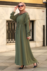 Nayla Collection - Düğme Detaylı Haki Tesettür Elbise 8021HK - Thumbnail