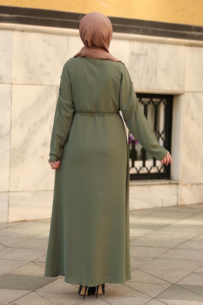 Nayla Collection - Düğme Detaylı Haki Tesettür Elbise 8021HK - 2