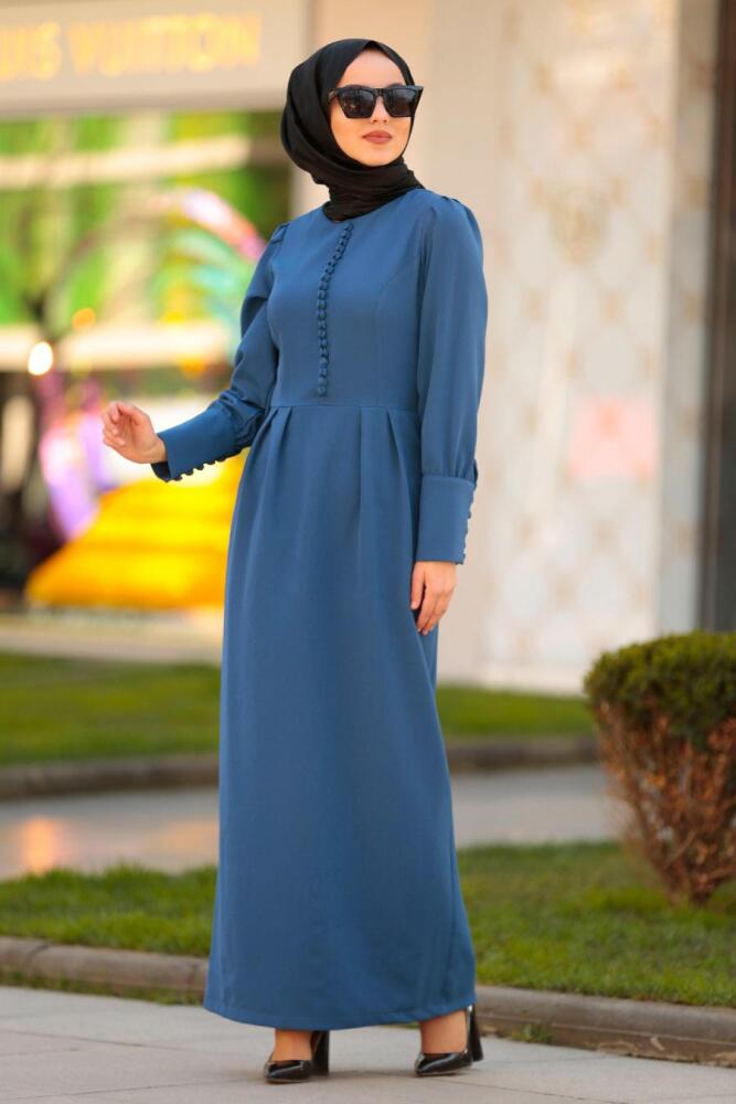 Nayla Collection - Düğme Detaylı İndigo Mavisi Tesettür Elbise 3237IM - 1