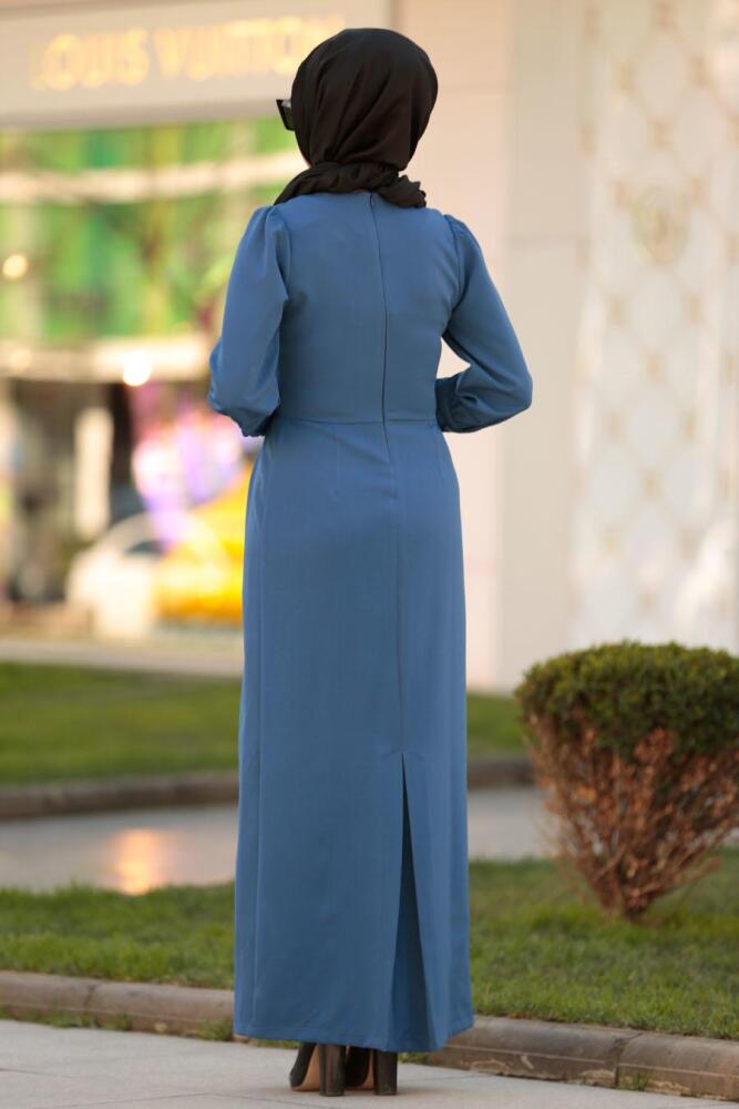 Nayla Collection - Düğme Detaylı İndigo Mavisi Tesettür Elbise 3237IM - 2