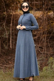 Nayla Collection - Düğme Detaylı Kemerli Sax Mavisi Tesettür Elbise 8378SX - Thumbnail