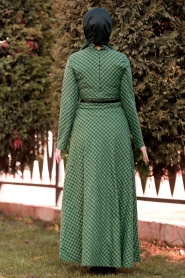 Nayla Collection - Düğme Detaylı Kemerli Yeşil Tesettür Elbise 8378Y - Thumbnail