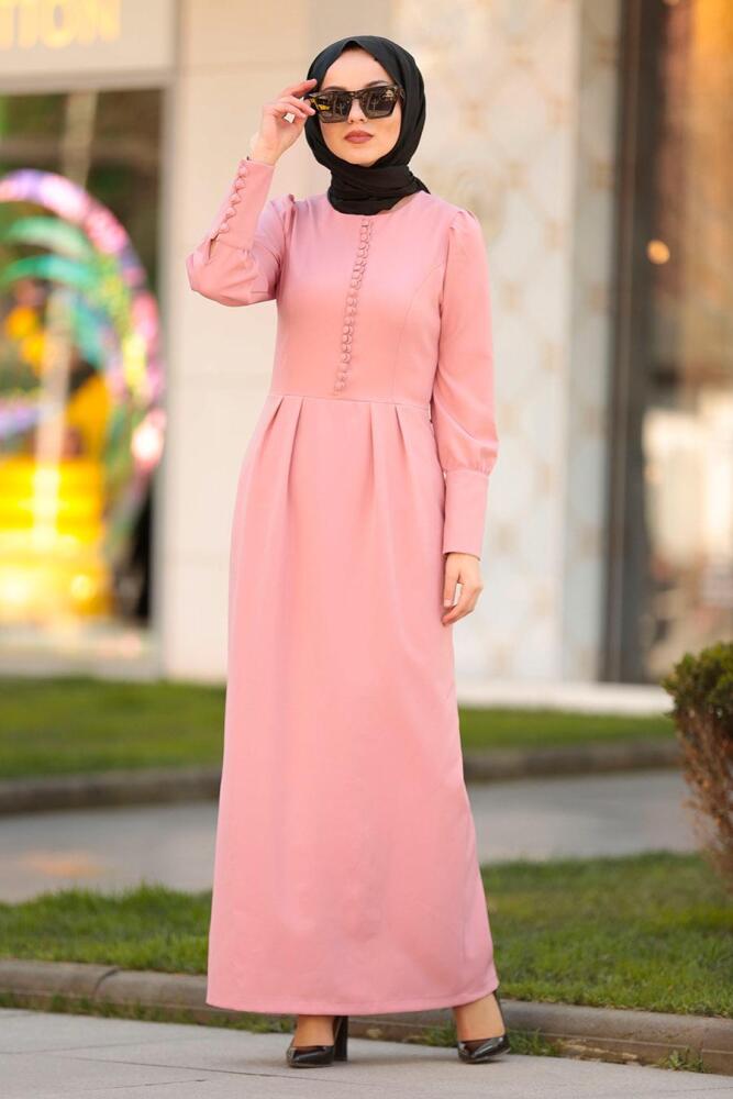 Nayla Collection - Düğme Detaylı Pudra Tesettür Elbise 3237PD - 1