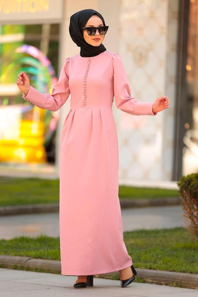Nayla Collection - Düğme Detaylı Pudra Tesettür Elbise 3237PD - 2