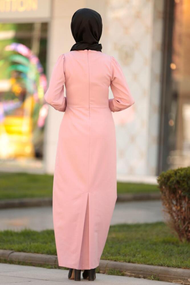 Nayla Collection - Düğme Detaylı Pudra Tesettür Elbise 3237PD - 3