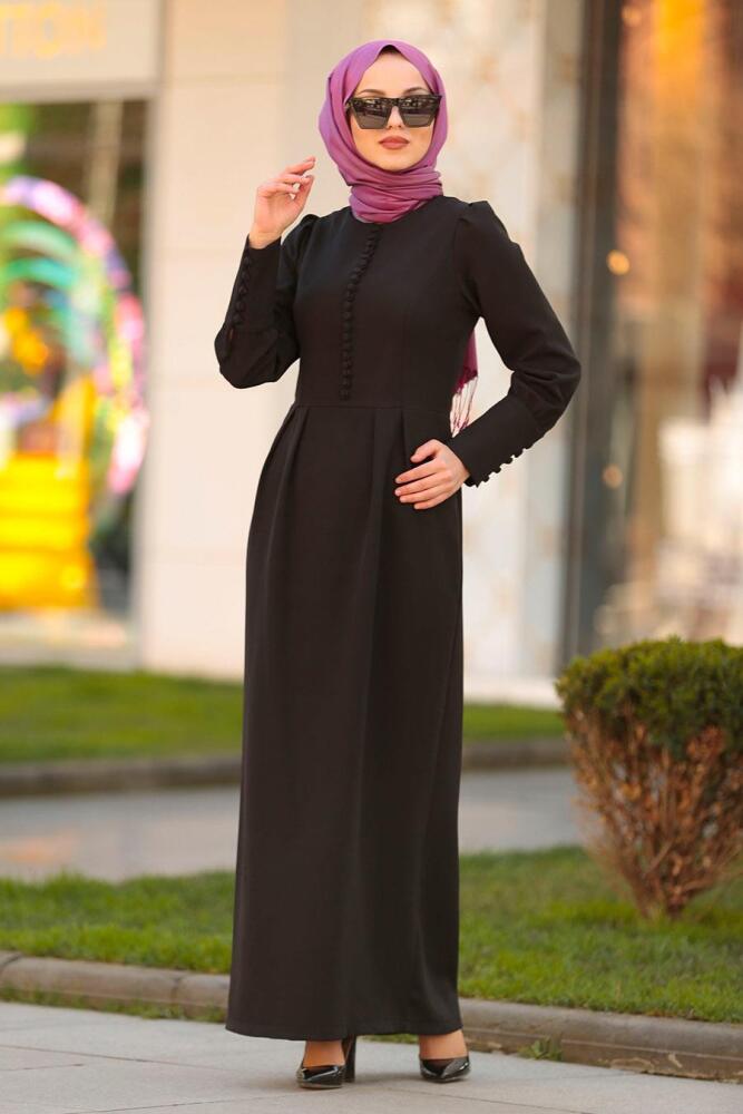 Nayla Collection - Düğme Detaylı Siyah Tesettür Elbise 3237S - 1