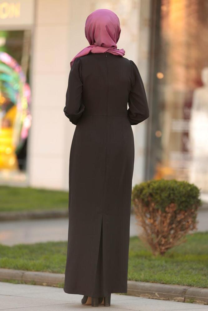 Nayla Collection - Düğme Detaylı Siyah Tesettür Elbise 3237S - 2