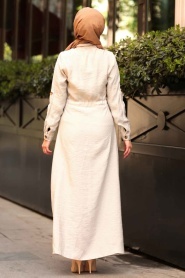 Nayla Collection - Düğmeli Bej Tesettür Elbise 1668BEJ - Thumbnail
