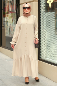 Nayla Collection - Düğmeli Bej Tesettür Elbise 31201BEJ - Thumbnail