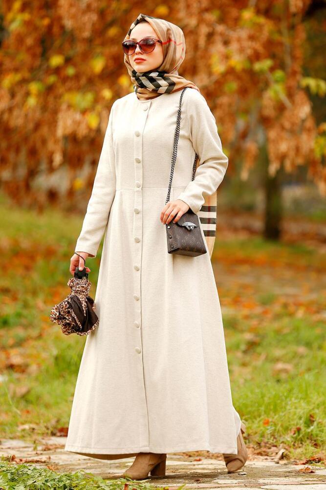 Nayla Collection - Düğmeli Bej Tesettür Kaşe Elbise 2488BEJ - 1