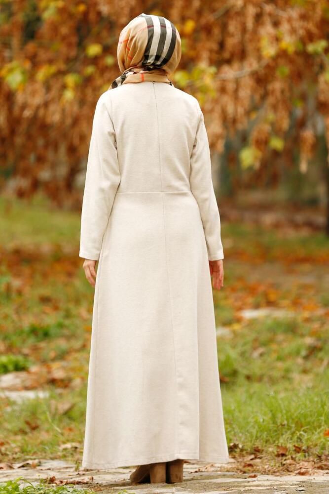 Nayla Collection - Düğmeli Bej Tesettür Kaşe Elbise 2488BEJ - 2