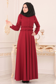 Nayla Collection - Düğmeli Bordo Tesettür Elbise 1256BR - Thumbnail