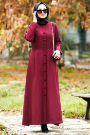 Nayla Collection - Düğmeli Bordo Tesettür Kaşe Elbise 2488BR - Thumbnail