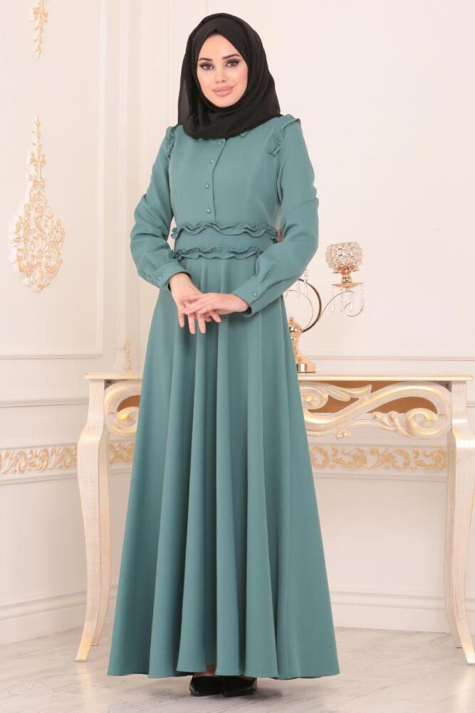 Nayla Collection - Düğmeli Çağla Yeşili Tesettür Elbise 1256CY - 1