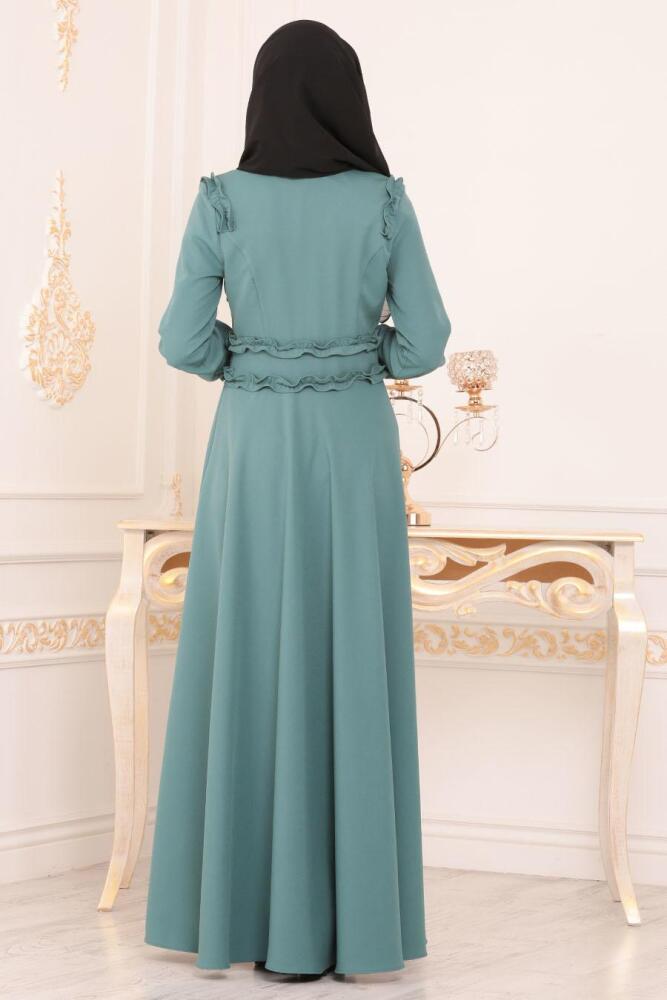 Nayla Collection - Düğmeli Çağla Yeşili Tesettür Elbise 1256CY - 2