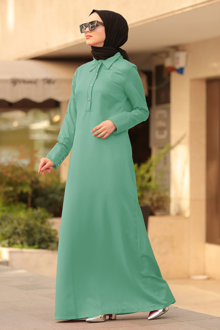 Nayla Collection - Düğmeli Çağla Yeşili Tesettür Elbise 42221CY